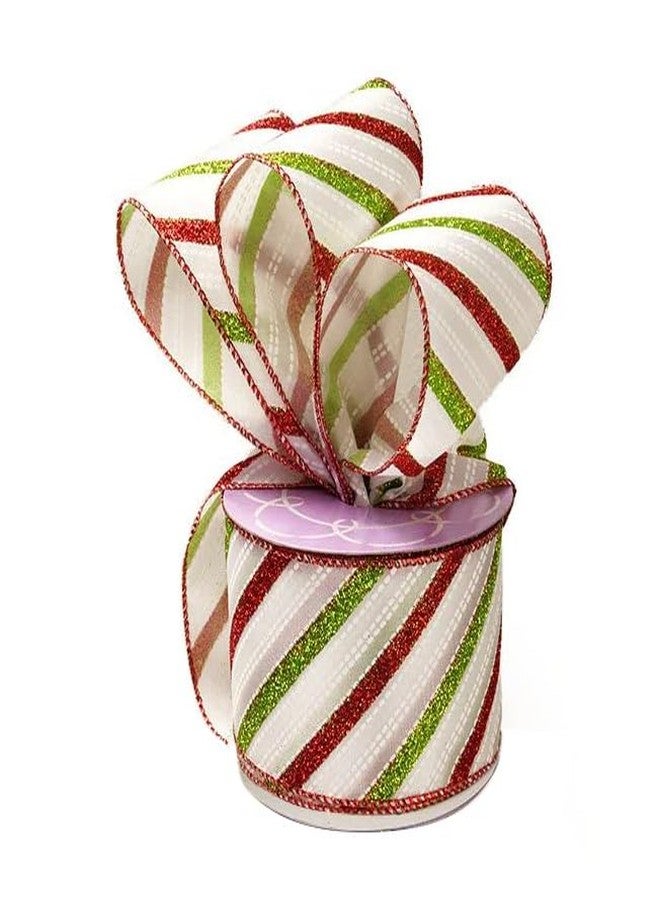 GiftWrap Etc. Holiday Wired Christmas Tree Ribbon - 2 1/2" x 10 Yards, Red and Green Glitter Stripes on White, Garland, Gifts, Wrapping, Wreaths, Boxing Day, Fundraiser - Image 1